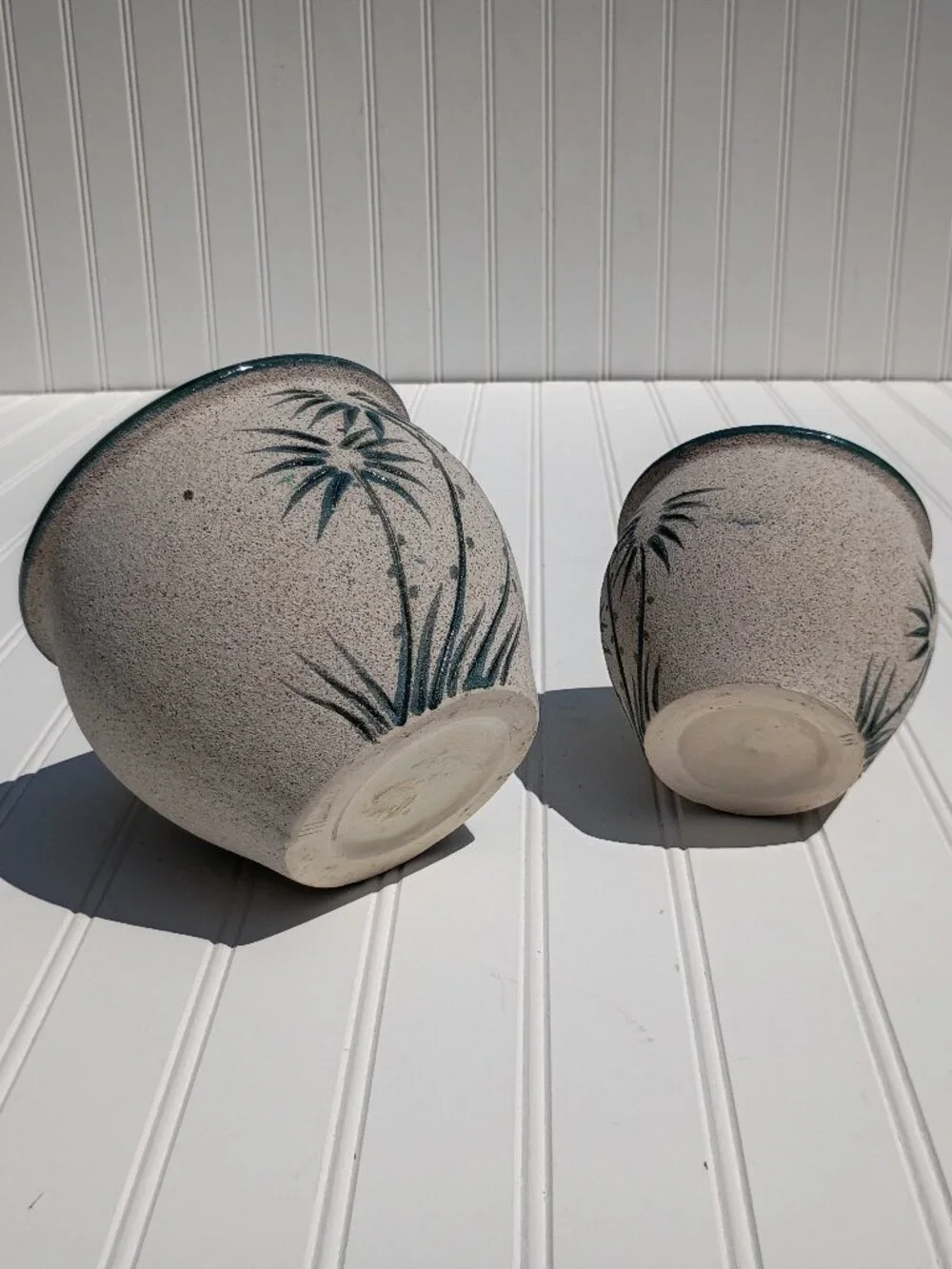 Vintage Pair of Pottery Planters Palm Tree Sandstone Glazed Ceramic Flower Pots